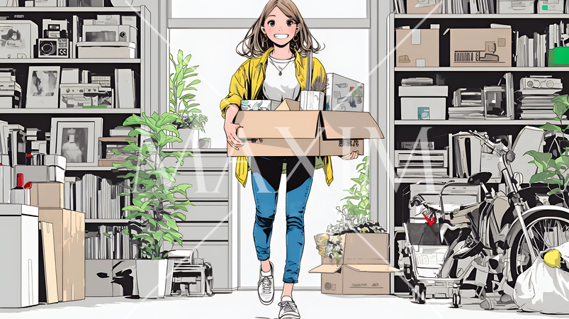 引っ越しの荷造り・荷解きをしている若い女性