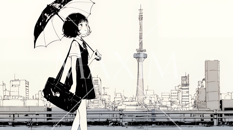 雨の日に傘をさして歩く若い女性（シンプルな色使い）