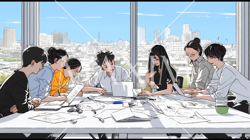 資料を見ながら打ち合わせをする会社員｜オフィスのビジネスミーティングイメージ