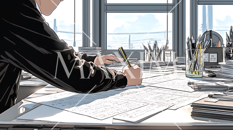 確定申告用書類をまとめている男性