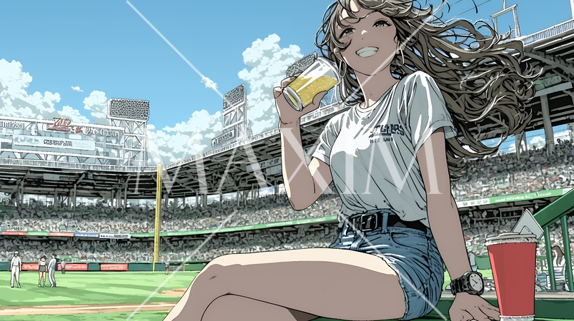 野球などの屋外スポーツを観戦しながら、ビールを楽しむ若い女性。