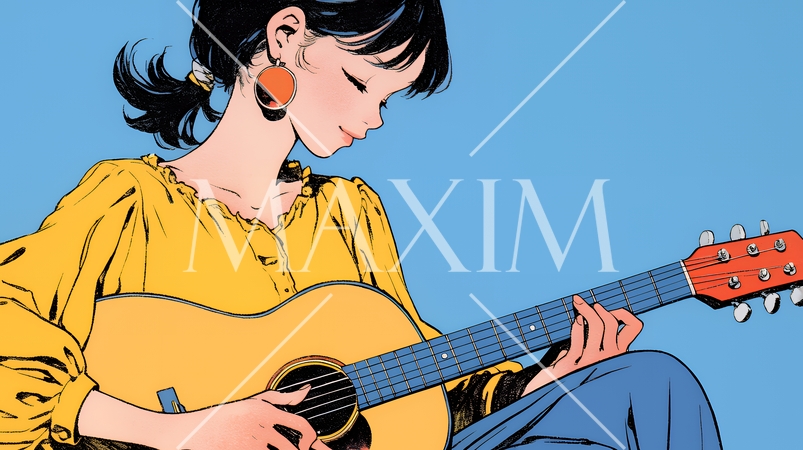 ギターを弾いている若い女性