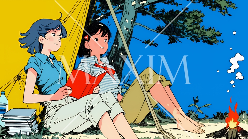 女友達と一緒にテントキャンプを楽しむ若い女性