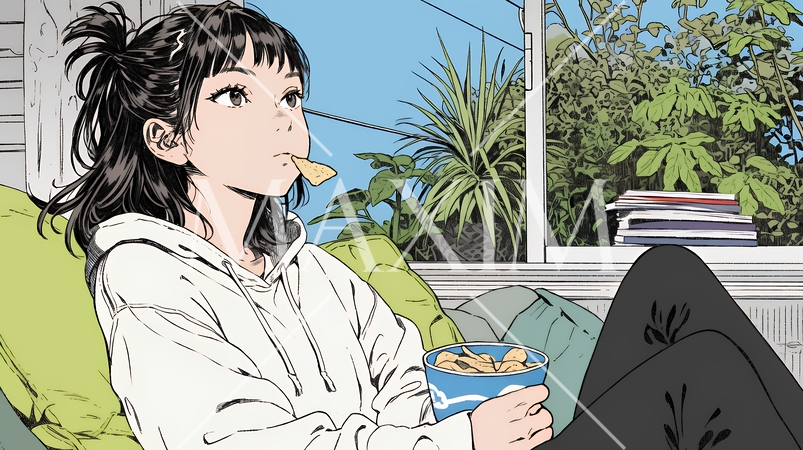 ポテトチップスをつまみながら、ひとりでビデオを観る若い女性