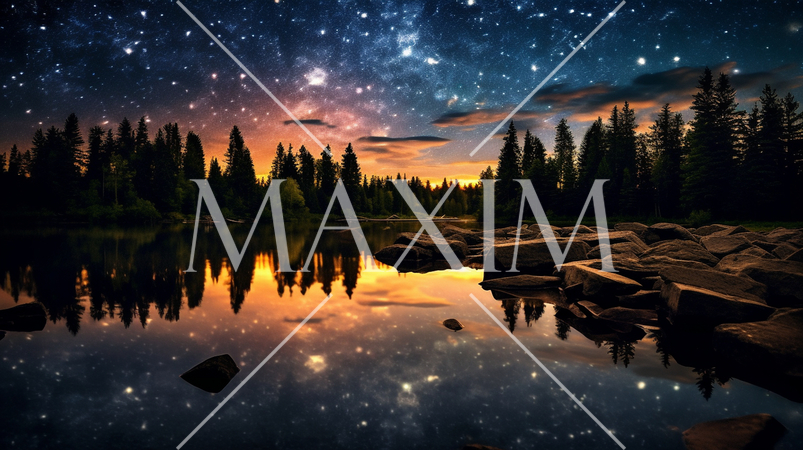 星降る湖：満点の星空が静かな湖に鏡のように映っている