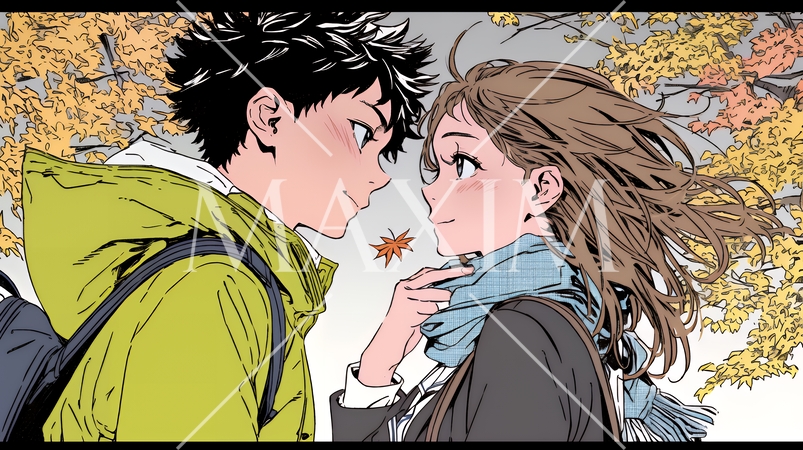 紅葉の下でいちゃついている若いカップル