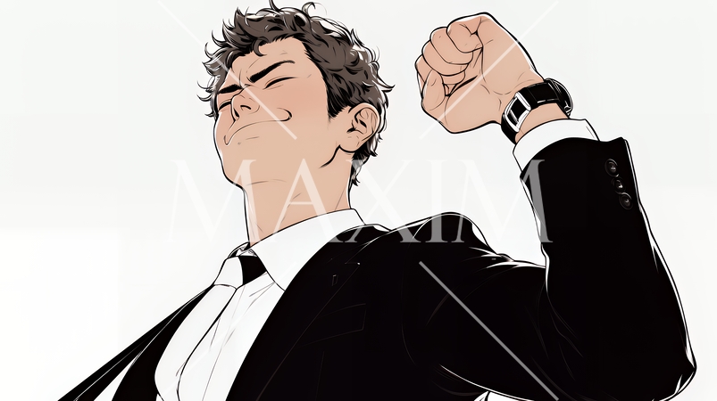 ガッツポーズ（拳を握って力強く）をしているビジネスマン（シンプルな色使い）