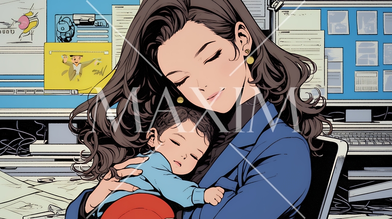 赤ん坊を抱きながらデスクワークをしている女性