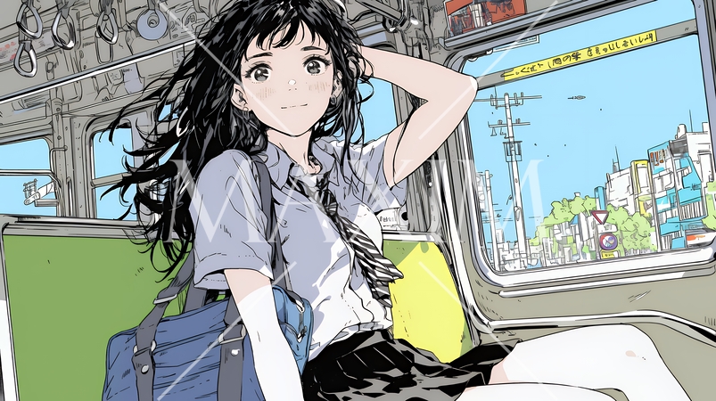 制服姿の女子高生：電車に乗車して通学