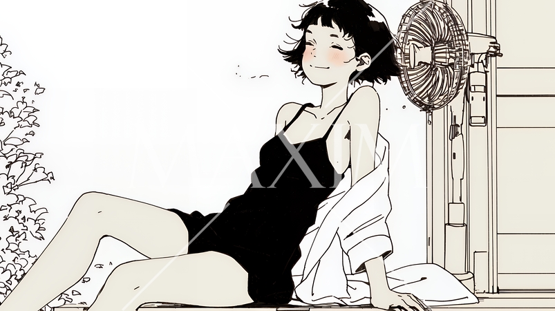 暑い夏の昼下がり、扇風機にあたって涼んでいる若い女性（シンプルな色使い）