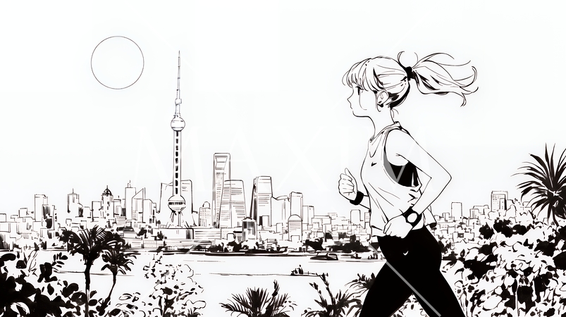 夕方の街並みを背景にジョギングをする若い女性（シンプルな色使い）