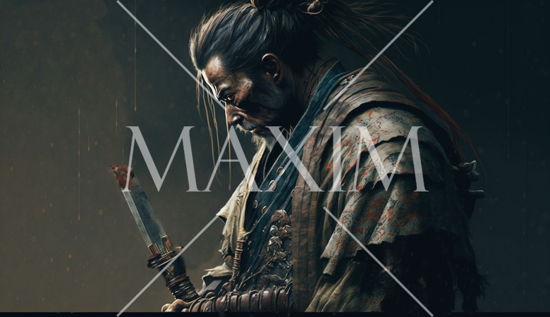 身から出た錆：立ち会いで手入れの悪い刀が錆で折れてしまった。折れた刀を見て悔やんでいる侍。