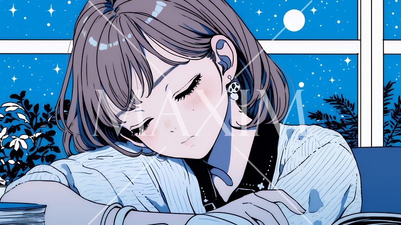 資料（本）を読みながら、うとうと眠ってしまう若い女性