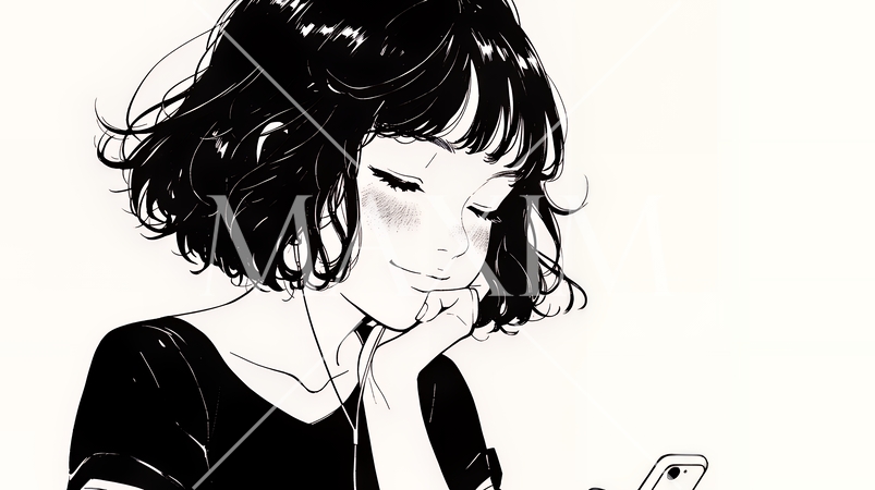 楽しそうにスマホ画面を眺めている若い女性（シンプルな色使い）