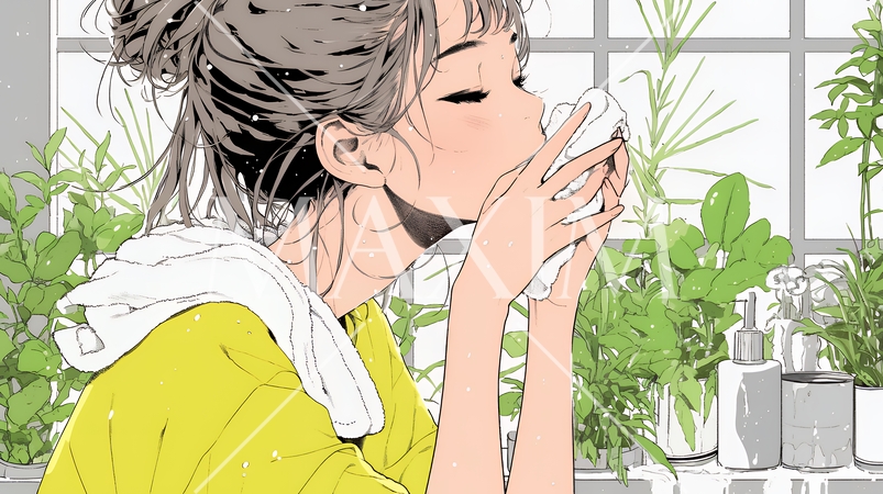 洗面所で朝の洗顔をする女性