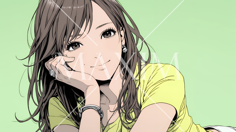 頬杖をついて微笑んでいる若い女性