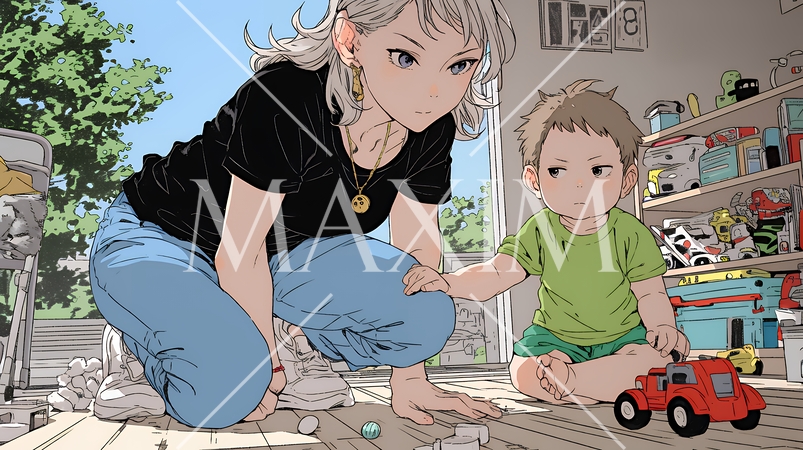 家の中で子どもと遊んでいる若い母親