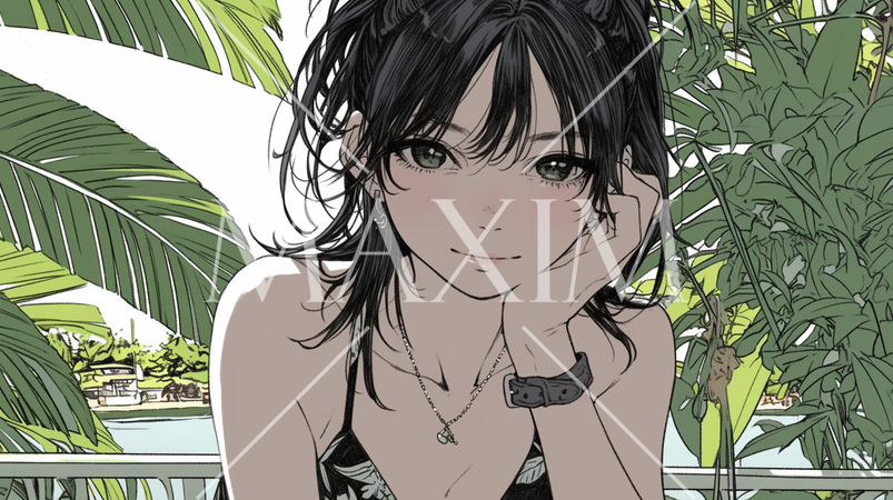 南国の海岸にビキニ姿でいる若い女性