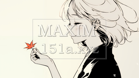 落ち葉をつまんで眺める若い女性｜秋を感じる女性のイラスト（シンプルな色使い）（イラストID:3470590-20501）