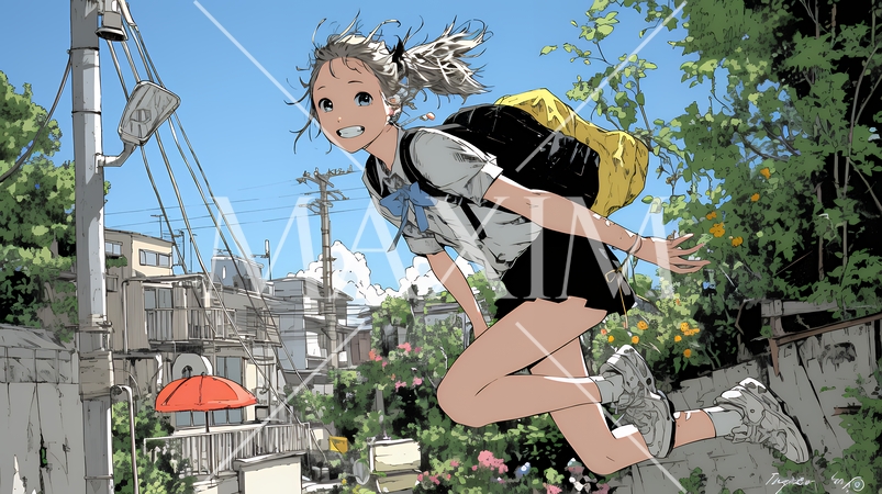 学校に遅れそうで道を急いでいる女子高生