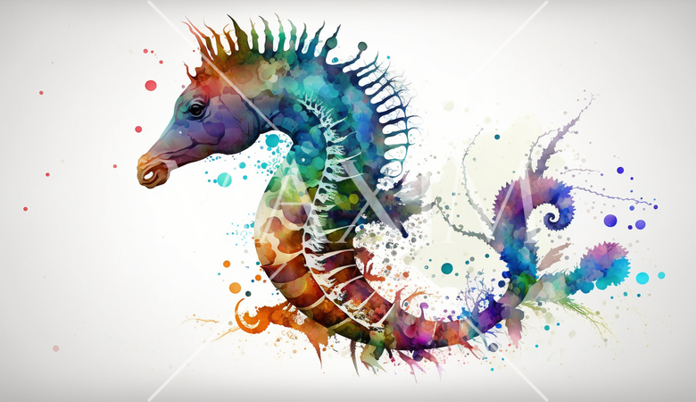 タツノオトシゴ：カラフルでサイケデリックでシュールレアリズム的な水彩画