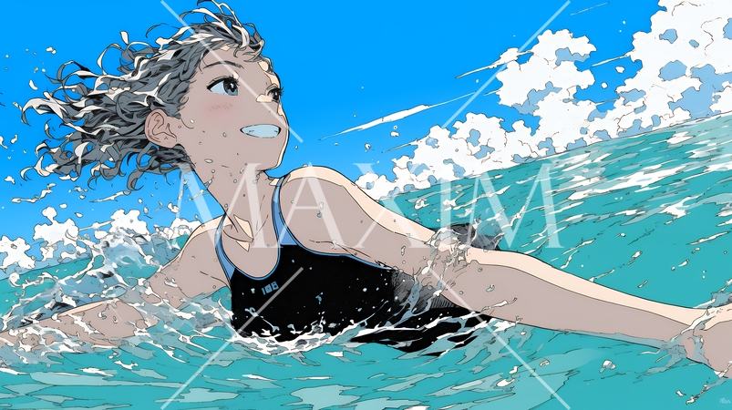 海で泳いでいる若い女性