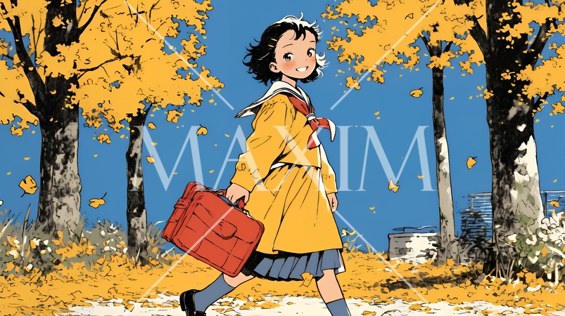 紅葉の小径を歩く少女