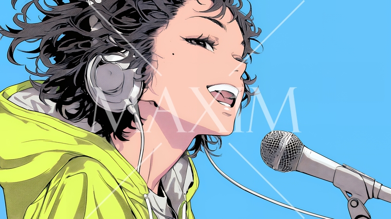 ステージでマイクを握り、情熱的に歌い上げる女性