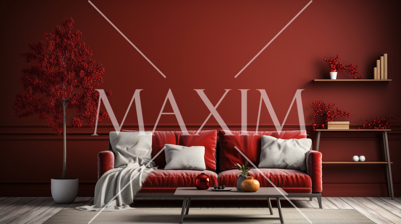 クリスマスツリー飾りのある赤色基調の居間