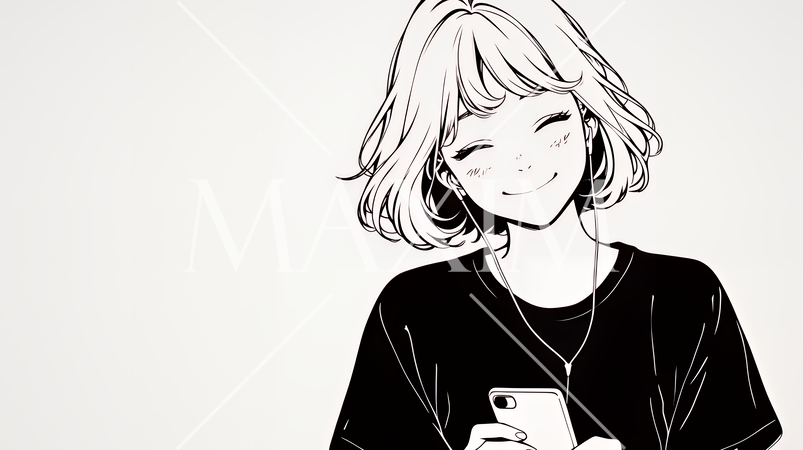 楽しそうにスマホ画面を眺めている若い女性（シンプルな色使い）