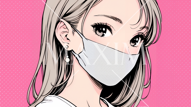 使い捨て不織布マスクをつけた若い女性