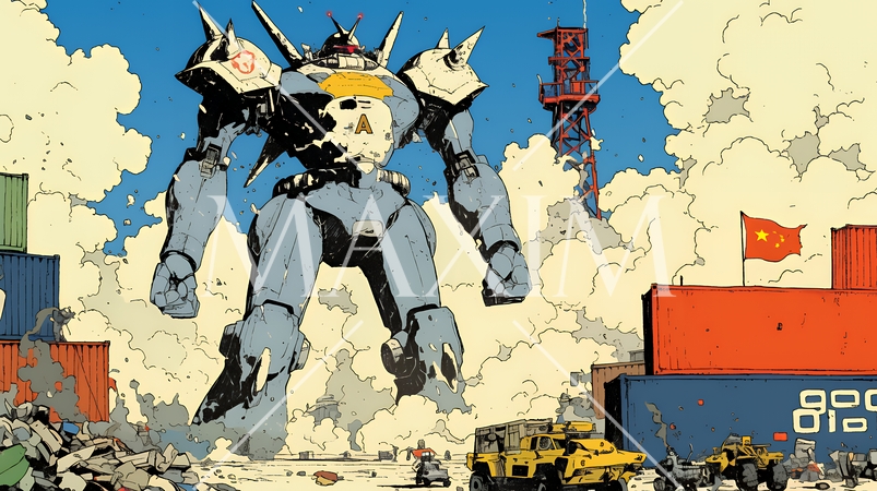 巨大関税ロボットが自由貿易港のコンテナ基地を破壊して、輸出入を妨害している