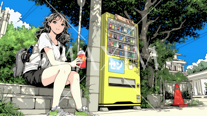 自動販売機で飲み物を購入する若い女性｜日常・ライフスタイル・屋外シーン