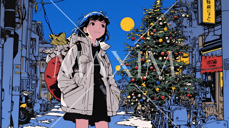 ホワイトクリスマスの街を歩く若い女性