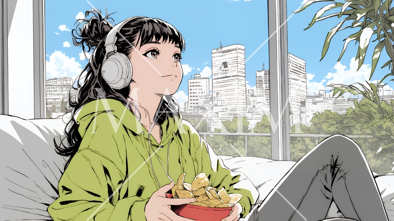 ポテトチップスをつまみながら、ひとりでビデオを観る若い女性