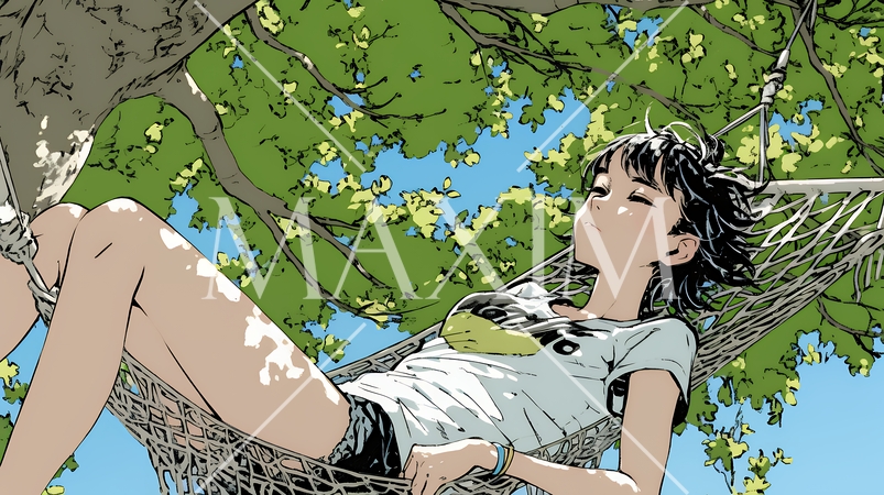 のんびり・ゆったり：夏の昼下がり木陰のハンモックで寛いでいる若い女性