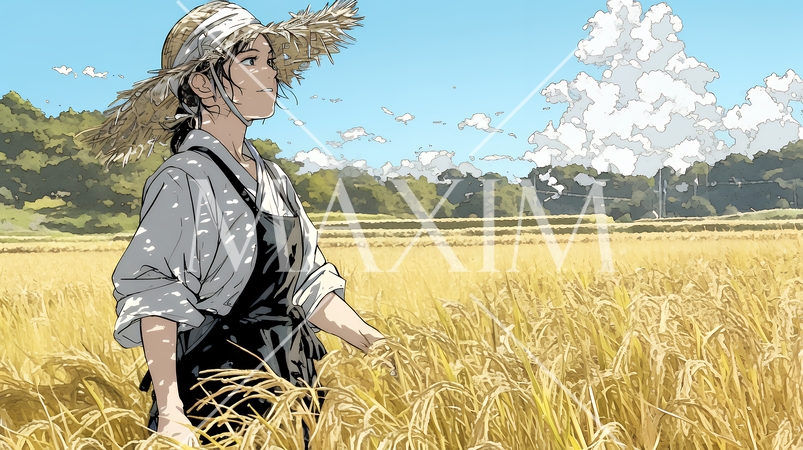 田んぼで農作業をしている女性