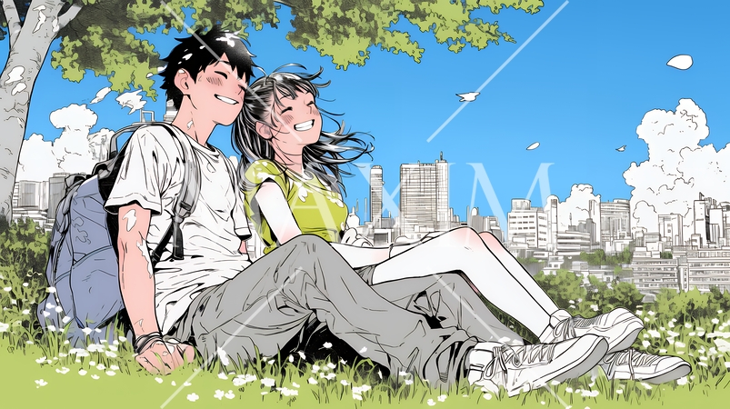 新緑の芝生が広がる都会の公園でくつろぐ若い男女