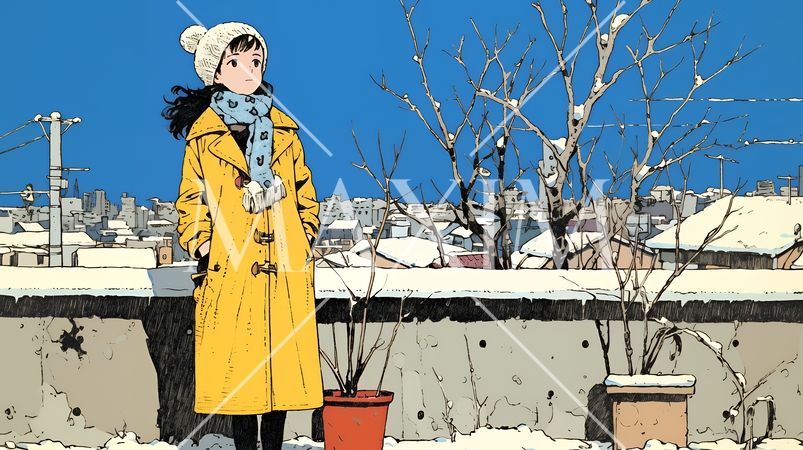 冬枯れの街を歩く若い女性