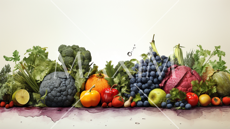 色とりどりの野菜と果物の背景画像：水彩画