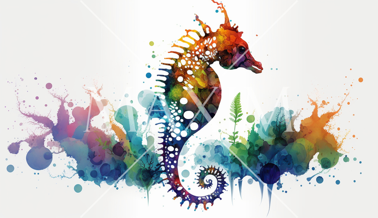 タツノオトシゴ：カラフルでサイケデリックでシュールレアリズム的な水彩画