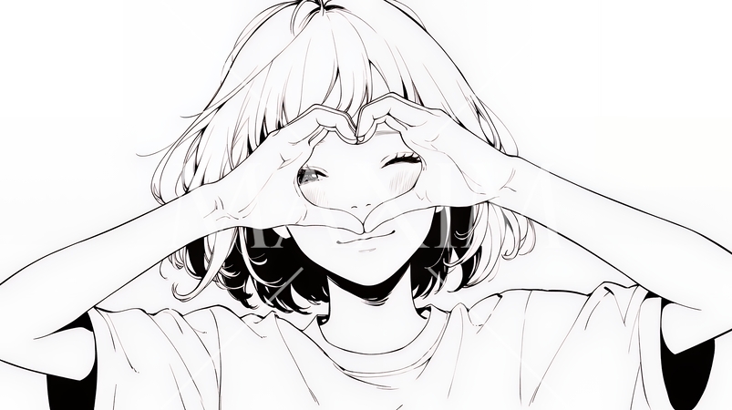 ハートマークを手で作り愛情表現をしている若い女性（シンプルな色使い）