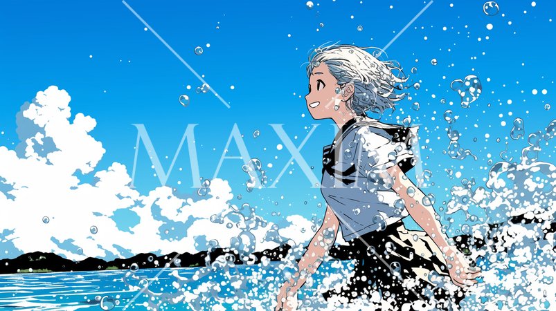 晴天下、沖縄の海にセーラー服で入っていく女子高生