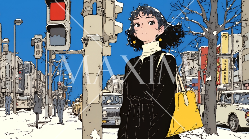 冬枯れの街を歩く若い女性