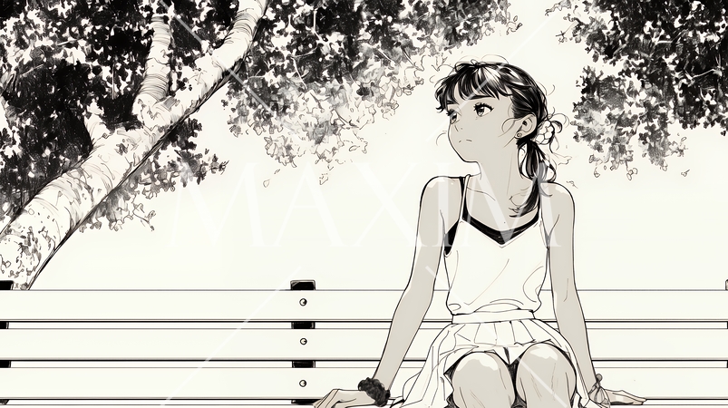 公園のベンチでひとり静かにくつろぐ若い女性（シンプルな色使い）