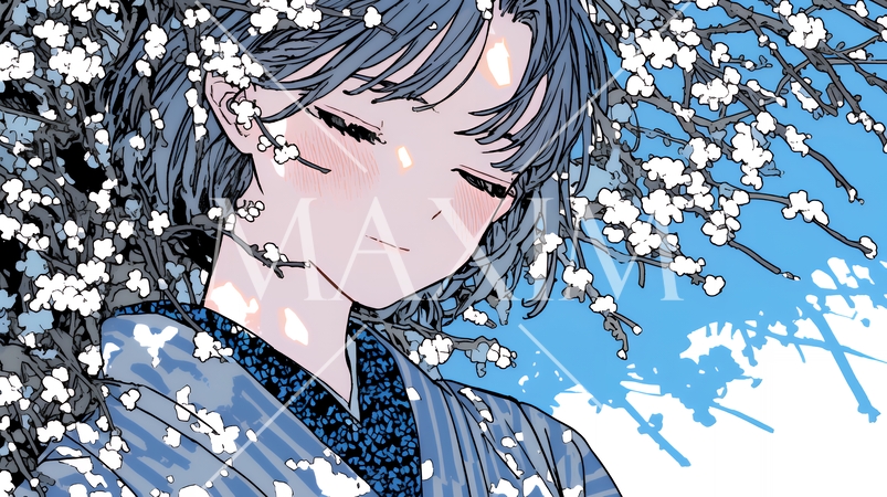 梅花と和服姿の若い女性