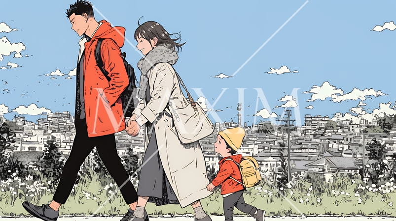 仲の良い家族：父親、母親、その子どもが仲良く連れ立って歩いている