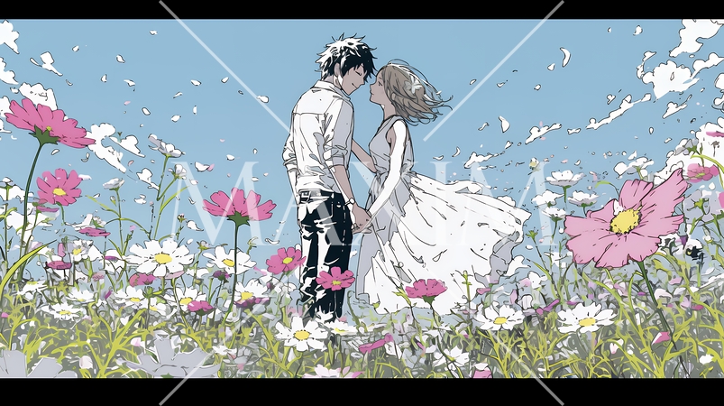 コスモス畑でデートをしている若いカップル