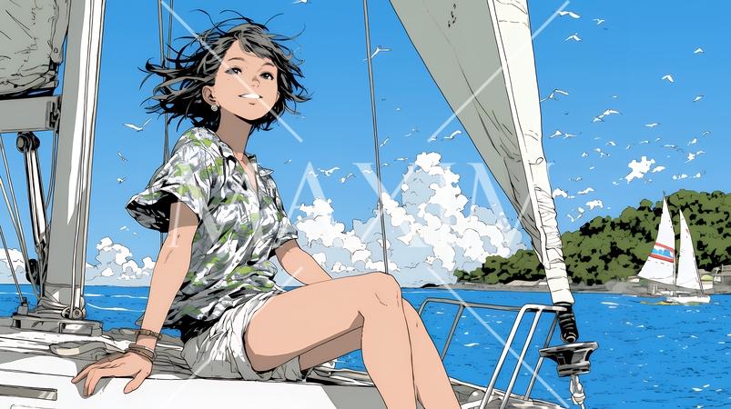 ヨットに乗っている若い女性