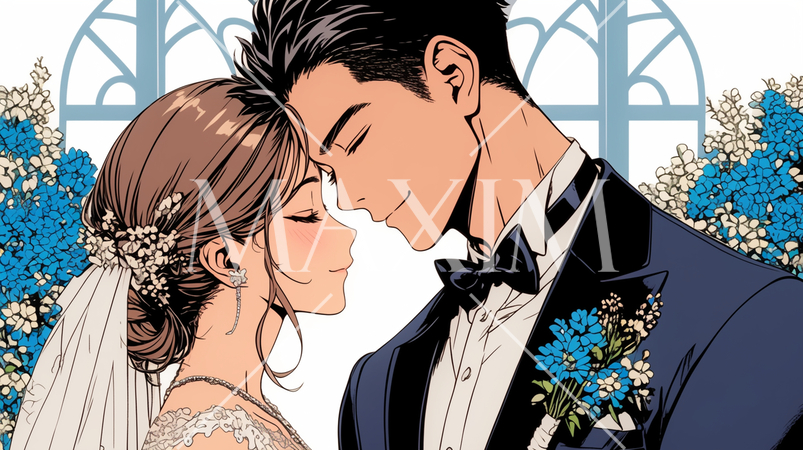 結婚式で見つめ合う新郎新婦：キス